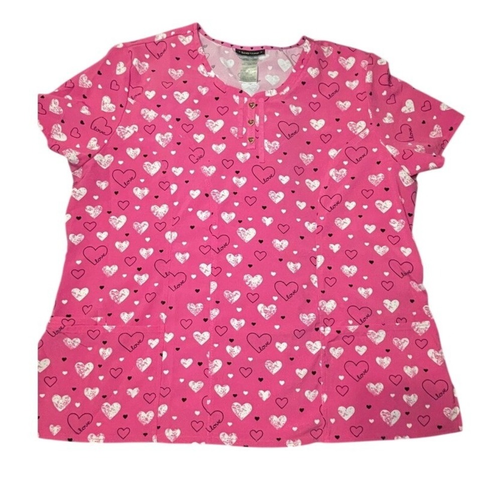 Heartsoul Scrub Top Womens 3XL Pink Heart Love 20783 Henley 20783 Stretch Plus
